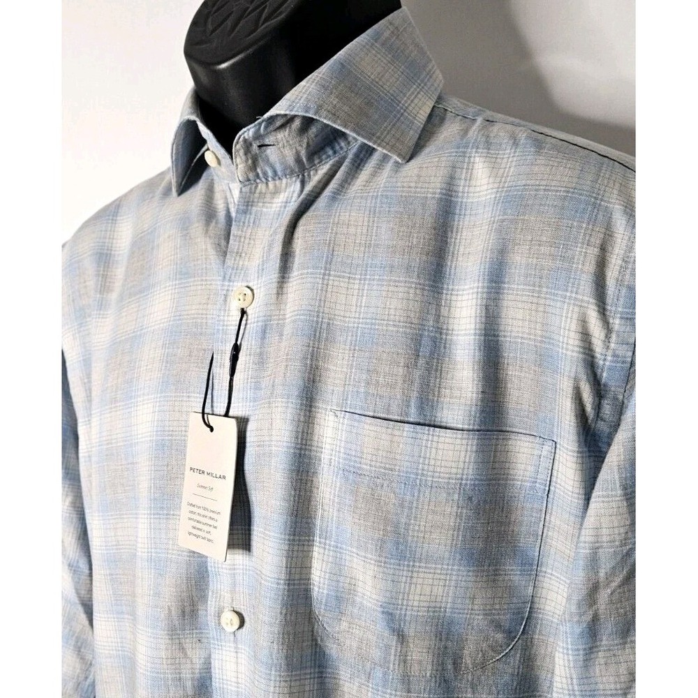 Peter Millar Summer Soft Shirt Blue Plaid 100% Cotton‎ Size Small MSRP $160